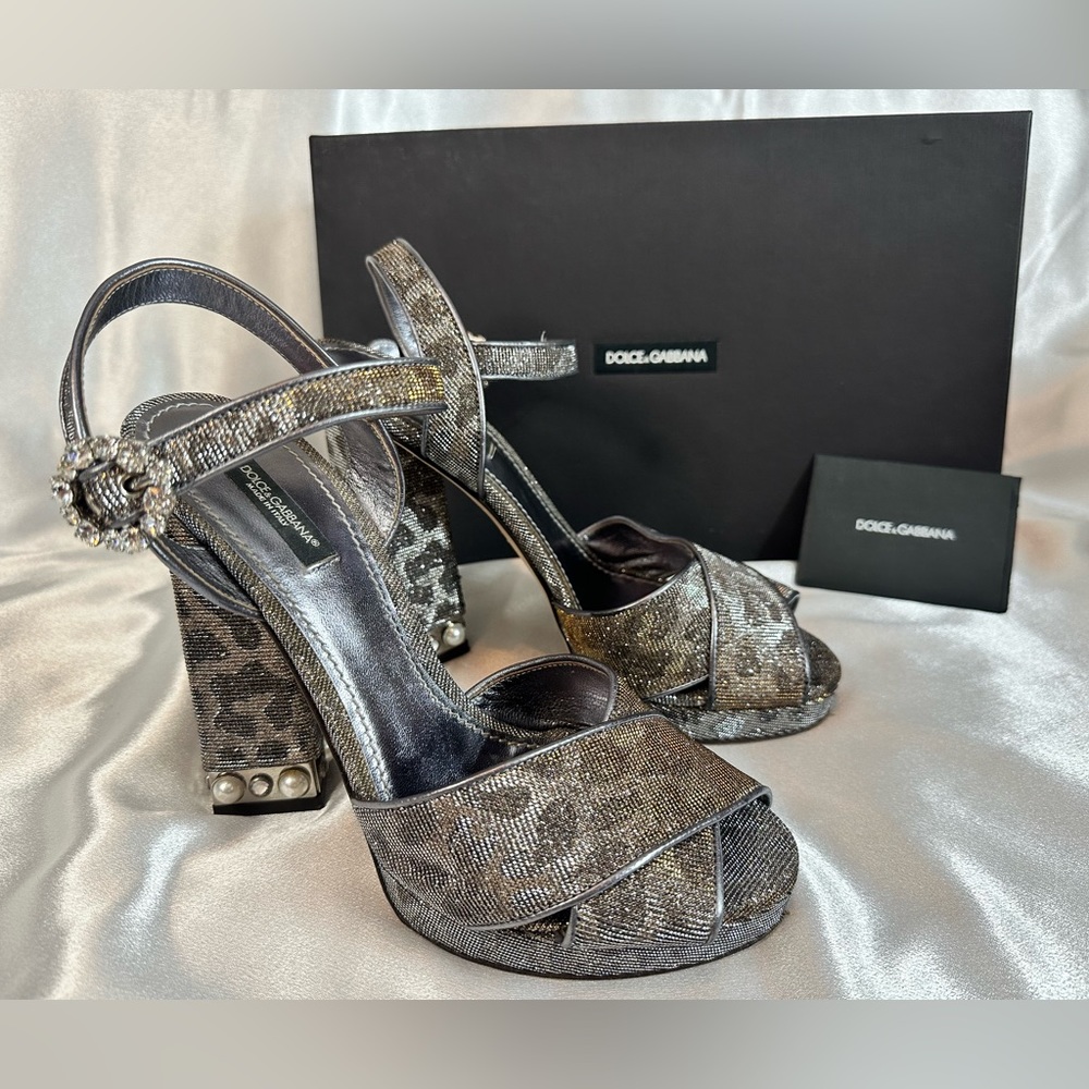 Dolce & Gabbana Silver/Gold Leopard Print Glitter Fabric Sandal Jeweled EU 39 💎